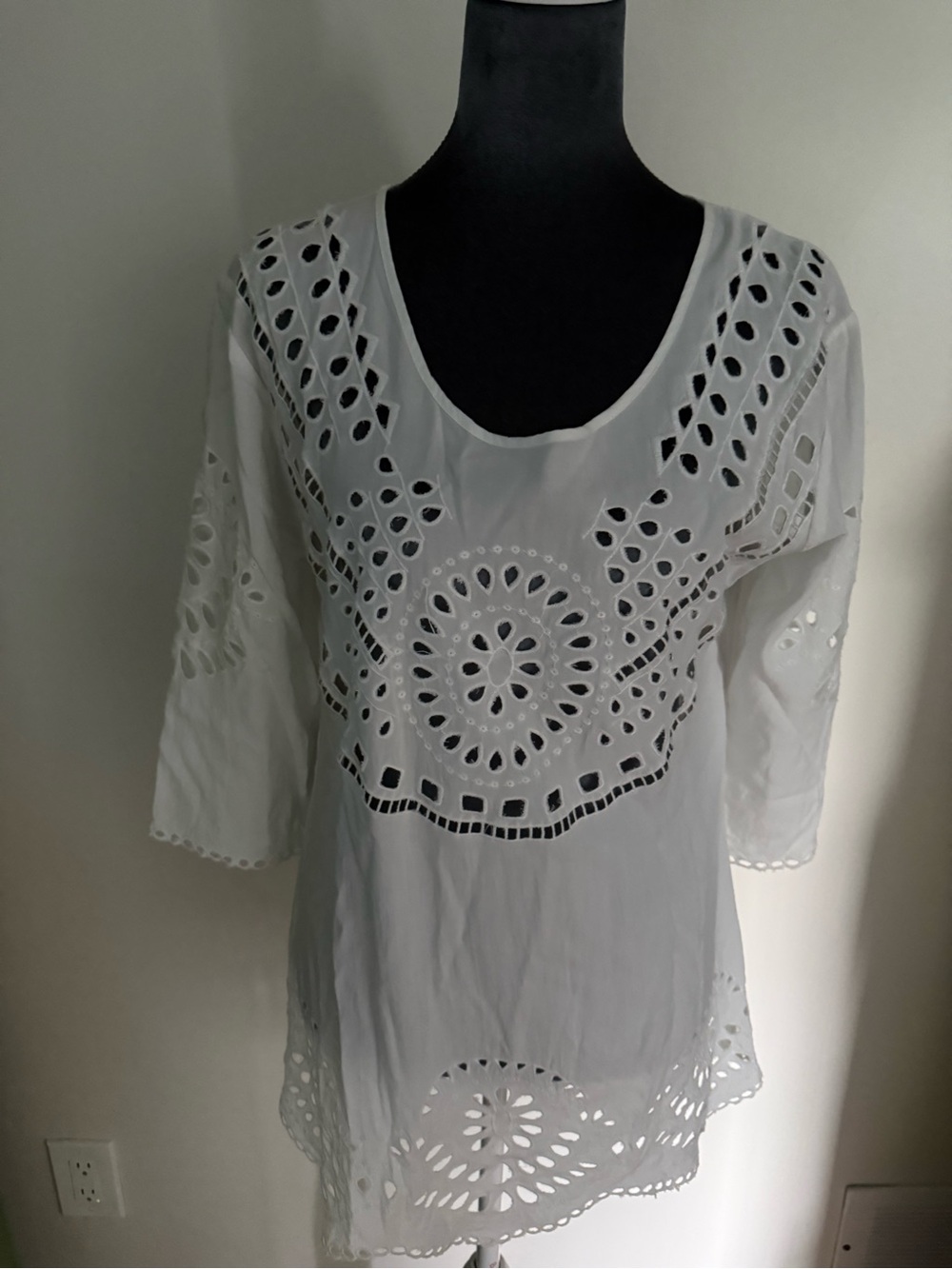Women’s White Eyelet Cutwork Tunic with Scoop Neck